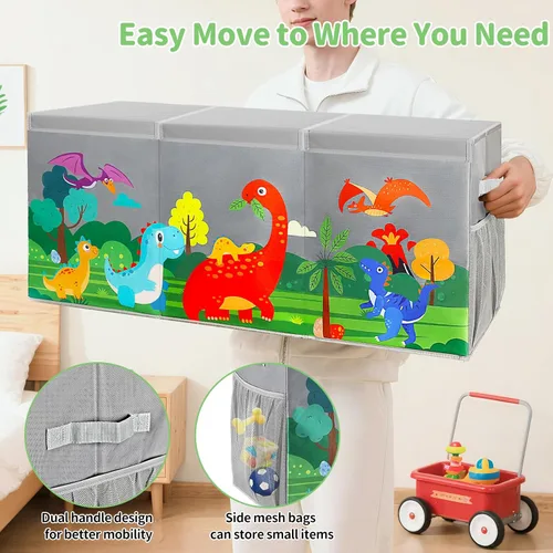 Miniatura 4 de Caja de juguetes extragrande con tapas, organizador plegable de almacenamiento de juguetes para niños, caja de juguetes de dinosaurio para niños Gris