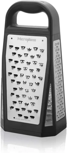 Microplane Elite - Rallador de cinco cuchillas con base de taza medidora, cinco superficies de rejilla incluyendo cinta fina, gruesa, de doble cara,
