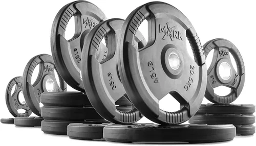 Miniatura 7 de XMARK TRI-GRIP - Par o juego de discos de peso olímpicos, pesas de ejercicio con revestimiento de goma para barra olímpica, juego de pesas