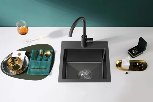 Miniatura 23 de Fregadero de barra empotrable de 13 × 15 pulgadas negro - Fregadero de cocina pequeño de montaje superior de un solo cuenco, hecho a mano de acero