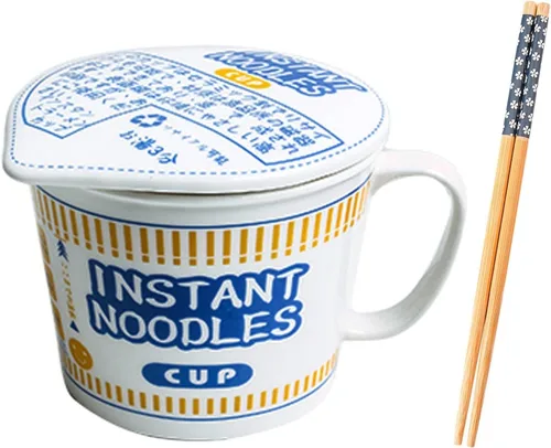 Miniatura 8 de Cuenco de fideos instantáneos de cerámica con tapa, taza creativa para sopa de ramen, cuenco para almuerzo para estudiantes (color azul, tamaño: S)