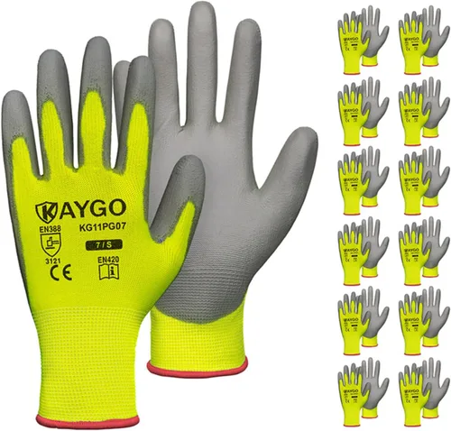 Miniatura 64 de KAYGO KG11PB - Guantes de seguridad con revestimiento delgado de poliuretano, tejido sin costuras, agarre suave en palma y dedos, para trabajo Verde
