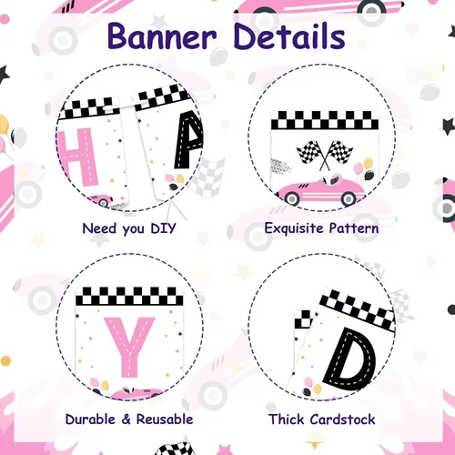 Miniatura 4 de Sursurprise Decoraciones de cumpleaños de coche de carreras para niñas, pancarta de feliz cumpleaños de coche de carreras, color rosa, suministros