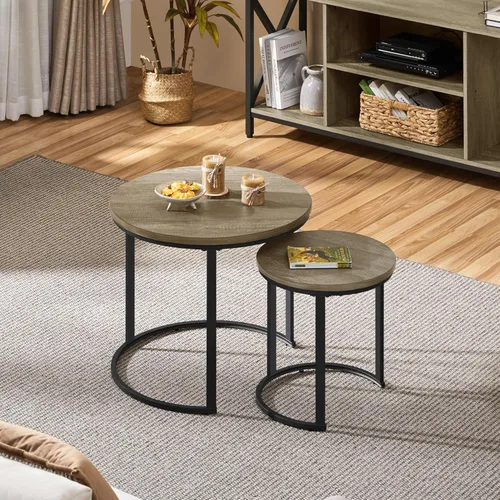 Miniatura 8 de Yaheetech Juego de 2 mesas auxiliares anidables, mesas auxiliares apilables rústicas, juego de mesa auxiliar anidable con mesa redonda de madera