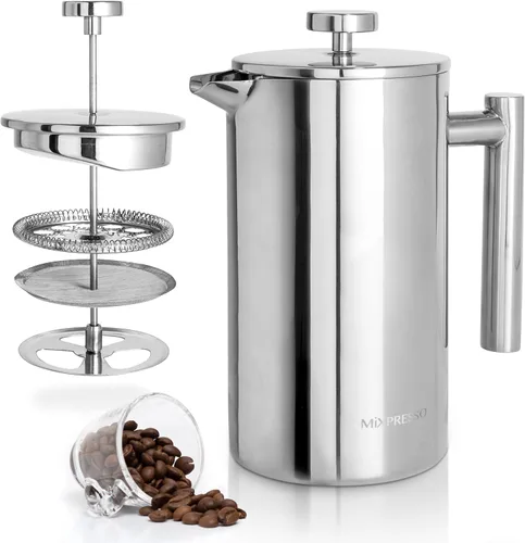 Mixpresso Cafetera de Prensa Francesa de Acero Inoxidable 27 Oz 800ml, Prensa Francesa Aislada de Doble Pared de Acero Inoxidable, Termómetro