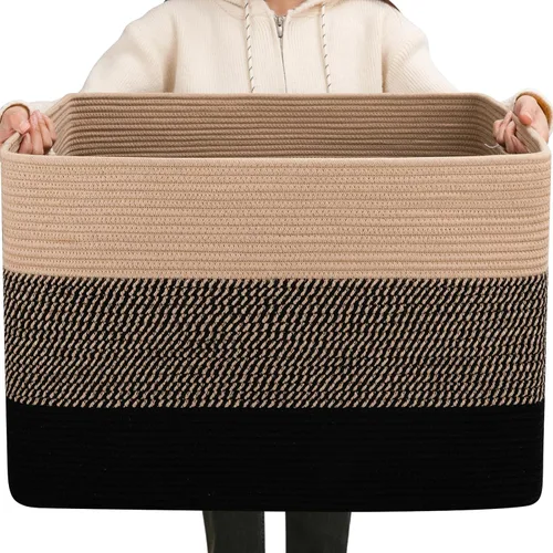Miniatura 9 de OIAHOMY Cesta de manta súper grande de 108L, 25 x 16 x 16 pulgadas (108 litros), cestas tejidas rectangulares para almacenamiento, canasta de cuerda