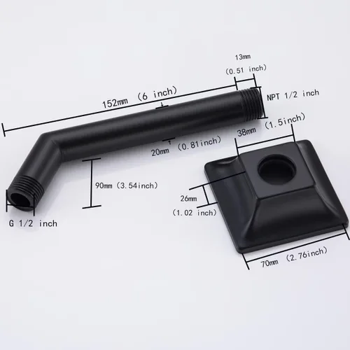 Miniatura 4 de Brazo de ducha de 6 pulgadas, extensión de cabezal de ducha negro mate con escudo a juego, conexión estándar de 1/2 pulgada 6″ Negro Mate