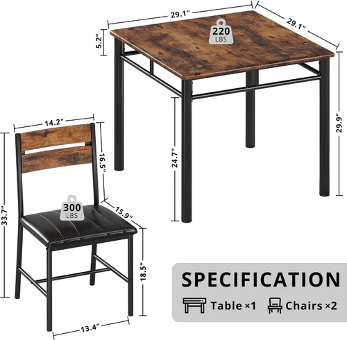 Miniatura 2 de IRONCK Juego de mesa de comedor para 2, mesa de cocina pequeña con sillas tapizadas, juego de mesa de comedor para cocina y comedor, juego de Marrón