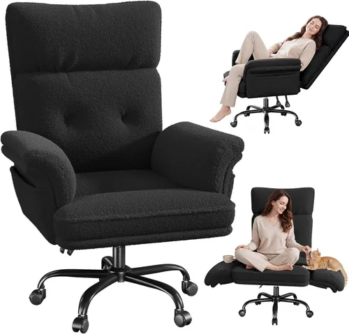DurayLoly Silla cruzada con ruedas y brazos, silla de tocador de felpa con bolsillos laterales, sillas de escritorio ajustables para oficina en Negro