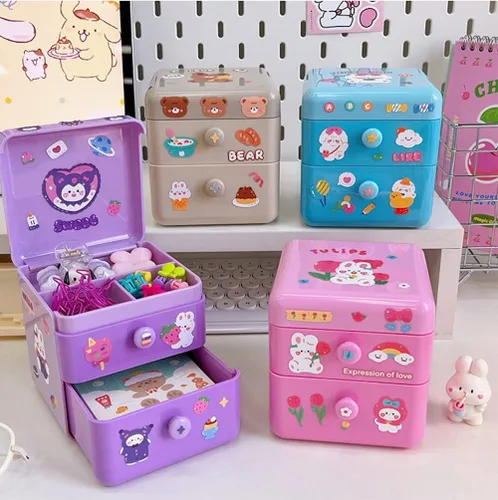 Miniatura 7 de Organizador de escritorio pequeño Kawaii con tapa y 2 cajones, lindo organizador de escritorio Kawaii con calcomanías de bricolaje para adolescentes
