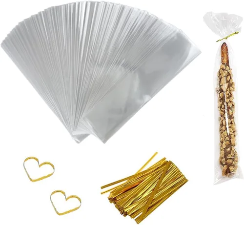 Miniatura 12 de Bolsas transparentes para golosinas, 100 bolsas de celofán, bolsas transparentes para dulces con 100 lazos metálicos para dulces, palomitas de maíz