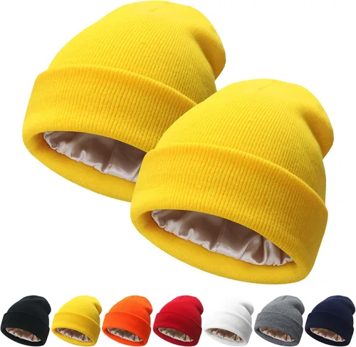 Miniatura 14 de NPQQUAN 2 PCS Satin Lined Beanie for Women Silk Lined Beanies Winter Warm Soft Lining Cuffed Knit Beanie Hats for Women