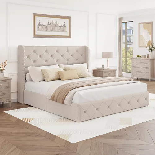 Miniatura 9 de BRELTAM Marco de cama tamaño completo con cajones de almacenamiento y cabecero con respaldo alado tapizado en lino, marco de cama tipo plataforma