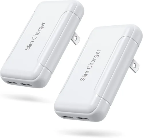 Cargador de pared delgado, paquete de 2 cargadores de pared USB-A de doble puerto de 3A/5V con enchufe plegable, enchufe de pared USB doble plano,
