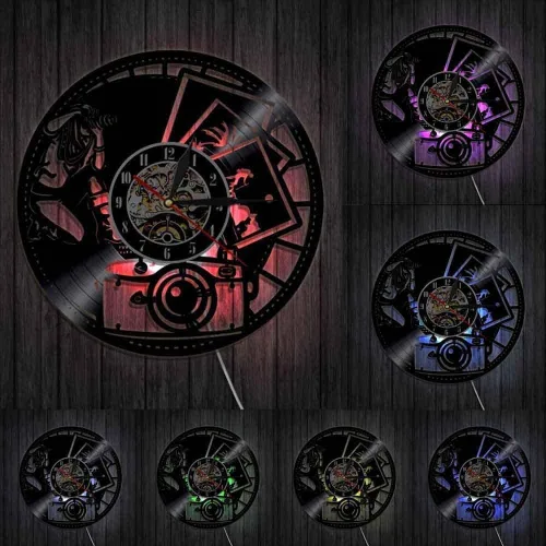 Fotografía Disco de vinilo Reloj de pared Decoración del hogar Obturador Lente Cámara de película Digital Retro Sesión de fotos Arte Fotógrafo Reloj