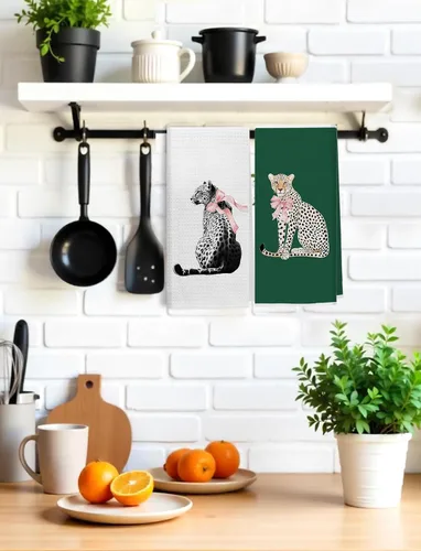 Miniatura 3 de Coquette - Toallas de cocina de leopardo con lazo rosa, toallas de mano retro de moda para baño, paños de cocina con estampado de leopardo funky