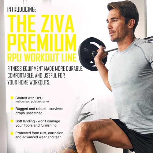 Miniatura 4 de ZIVA Juego de pesas de 35 libras para estudio, kit de gimnasio en casa ajustable con placas de uretano de goma estándar, barra cromada de 5 pies