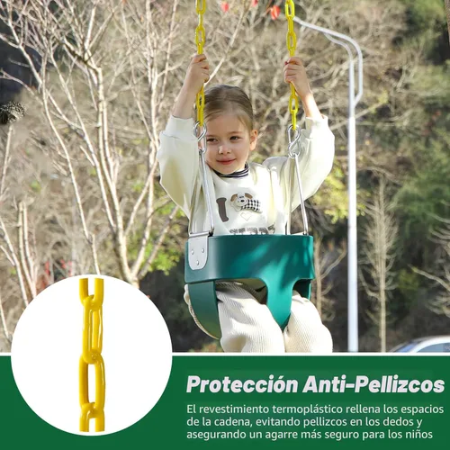 Miniatura 7 de Asiento de columpio para niño con respaldo alto y cadenas revestidas amarillas, totalmente montado, accesorios para columpio para bebés Verde