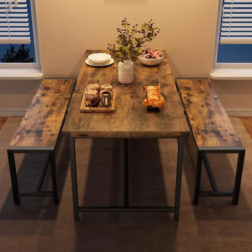 Miniatura 5 de Juego de mesa de comedor de granja para 4, juego de mesa de cocina de 3 piezas con 2 bancos, mesa rectangular pequeña y bancos para comedor, cocina