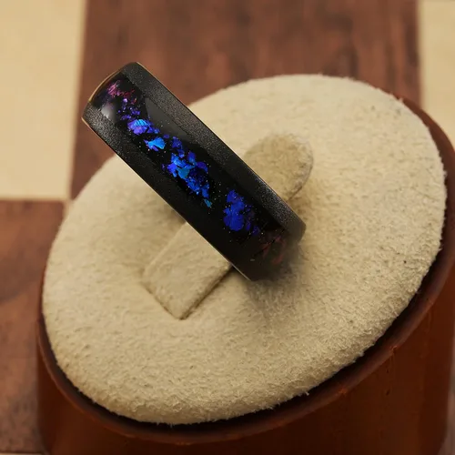 Miniatura 3 de 100S JEWELRY Anillos de tungsteno para hombre, incrustaciones de galaxia de ópalo nebulosa de Orión, acabado cristalino arenado negro, ideal