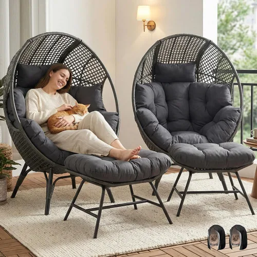 Miniatura 15 de NICESOUL Silla con forma de huevo de mimbre con otomano, silla de salón con cesta de huevo para interior y exterior con cojín, asiento de huevo