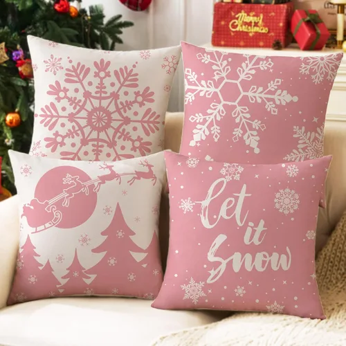 Miniatura 12 de JOJOGOGO Juego de 4 fundas de almohada rojas de copo de nieve de 18 x 18 pulgadas, almohadas decorativas Let It Snow de 18 x 18 pulgadas