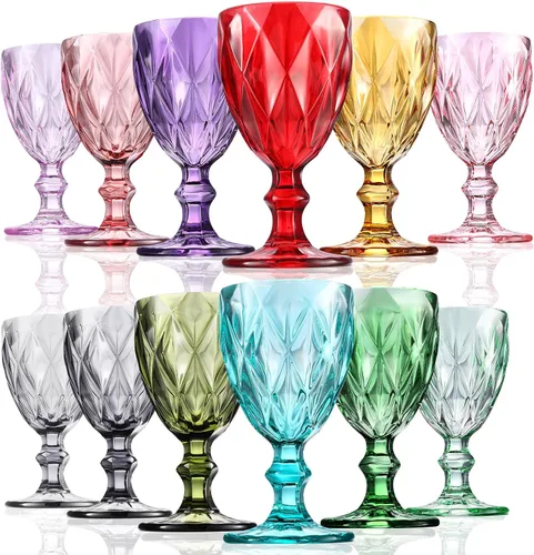 meekoo Juego de 12 copas de vino de colores – Copas de vidrio vintage de 8 onzas con tallo para boda, fiesta, banquete, vacaciones, aniversario
