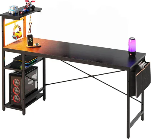 Miniatura 13 de Bestier Escritorio para juegos con tomas de corriente, escritorio LED grande de 61 pulgadas con estantes reversibles de 4 niveles, mesa