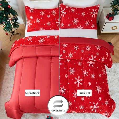 Miniatura 6 de YIYEA Juego de edredón navideño de piel sintética tamaño Queen, edredón de lujo ultra suave y esponjoso, juegos de ropa de cama de felpa difusa