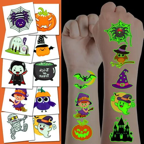 JCFIRE Tatuajes de Halloween para niños, recuerdos de fiesta de Halloween, tatuajes temporales que brillan en la oscuridad, decoraciones de fiesta
