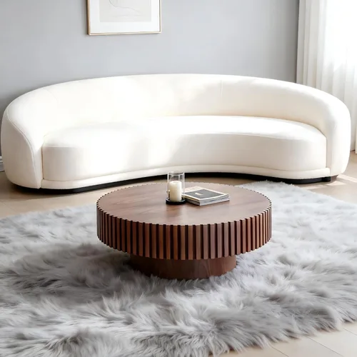 Miniatura 5 de Mesa de centro moderna de madera redonda acanalada, Ø31.5 x 13.8 pulgadas de alto, espacio pequeño, color marrón, tambor circular, centro estriado