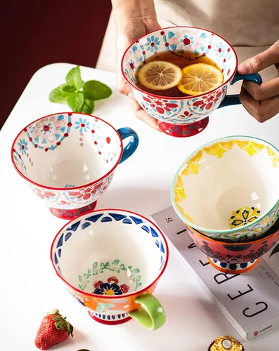 Miniatura 7 de Tazas de café de cerámica de gran capacidad pintadas a mano con patrón floral – Tazas jumbo, té, leche, cereales, taza de desayuno, juego de 4 – 14
