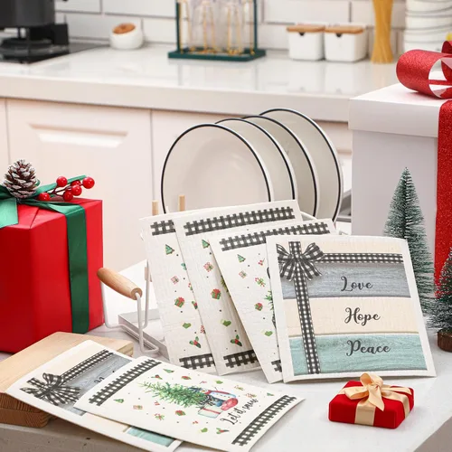 Miniatura 6 de Yinder 6 Piezas Paños de Cocina Suecos de Navidad para Mesa Paños de Platos Reutilizables de Navidad Paños de Limpieza Absorbentes de Secado Rápido
