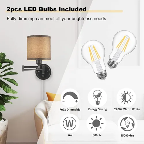 Miniatura 3 de GOODATE Apliques de pared regulables, lámpara de pared con brazo oscilante, juego de dos apliques de pared, lámpara de pared enchufable, juego de 2