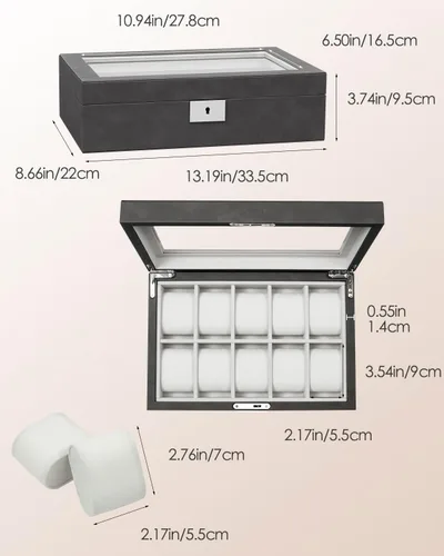 Miniatura 5 de GUKA Caja de 10 ranuras para reloj, vitrina organizadora de cristal real, con estuche de lujo para hombres y mujeres, regalo