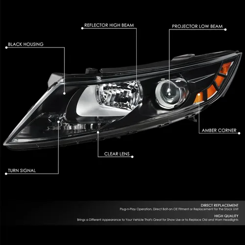 Miniatura 2 de DNA MOTORING Faro delantero izquierdo estilo OE compatible con Kia Optima 11-13, carcasa negra/lente transparente/reflector ámbar, OEM-HL-0172-L