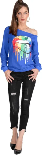 Miniatura 7 de MAGICMK Sudaderas de manga larga con hombros descubiertos para mujer con estampado de labios y hombros descubiertos