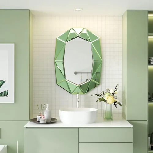 Miniatura 4 de Espejo de pared ovalado con forma de diamante, elegante marco de cristal, 40 x 28 pulgadas, color verde