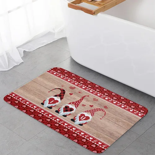 Miniatura 4 de T&H XHome Felpudo de San Valentín, felpudo para puerta delantera trasera con parte trasera antideslizante, gnomos de San Valentín en grano de madera