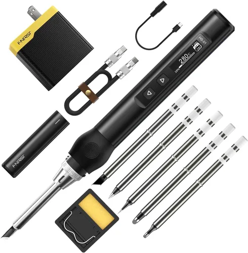 FNIRSI Kit de soldador, mini soldador digital DC/PD (96W/65W), calentamiento rápido de 180-780℉, 6 puntas de soldadura, pantalla OLED digital, Negro
