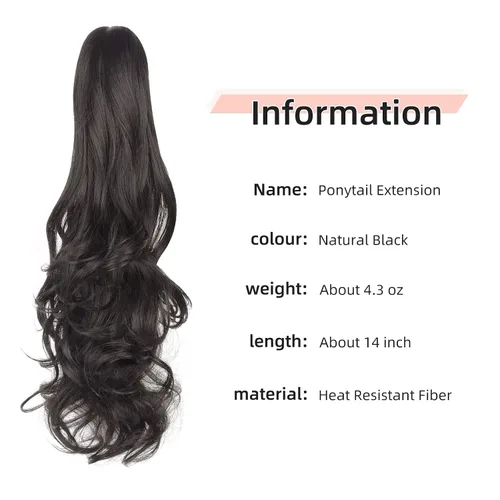 Miniatura 2 de Extensión de cabello negro con cola de caballo de 22 pulgadas de largo, rizado, ondulado, peluca sintética con clip, peluca de cola de caballo
