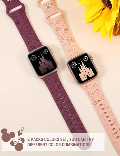 Miniatura 4 de 2 paquetes de correas grabadas con dibujos animados compatibles con Apple Watch de 38/40/41/42/44/45/46/49 mm, correa de silicona suave y linda