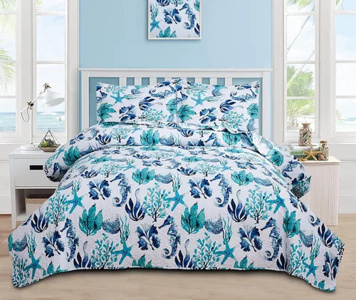 Coastal Home Collection - Juego de colcha reversible tamaño individual con edredones, fundas de almohada, suave, ligero, patrón de océano tropical