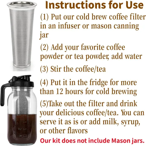 Miniatura 6 de Goaste Paquete de 3 filtros de café frío para tarro Mason de boca ancha de 64 onzas, colador de acero inoxidable 304 con anillo de sellado, infusor