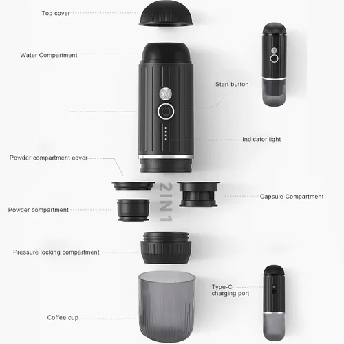 Miniatura 6 de Cafetera eléctrica portátil Cafetera de viaje automática para camping, coche, cafetera, calefacción inalámbrica, compatible con cápsulas de café