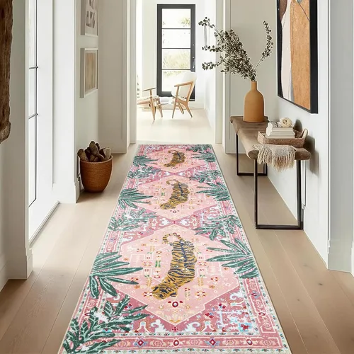 Miniatura 25 de Alfombras hippie, alfombras de 2 x 3 de lana sintética tropical rosa boho para baño, cocina, entrada interior pequeña. Alfombra moderna vintage