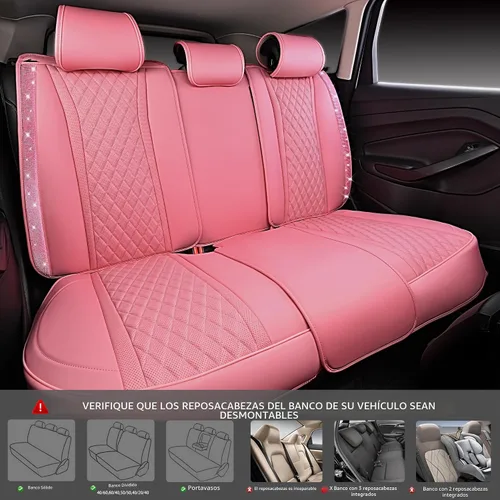 Miniatura 8 de Car Pass Funda de asiento, cuero napa rosa, asientos delanteros, impermeable, resistente, antideslizante, universal para el 95% de automóviles, SUV