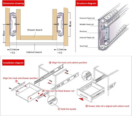 Miniatura 9 de 1 par de corredores de cajón de muebles de acero inoxidable resistente, montaje lateral de rodamientos de bolas para el hogar, capacidad de carga