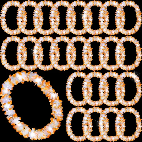 Miniatura 8 de Sherr 24 piezas Collares de leis LED iluminados, collares de flores hawaianas con luces LED para bodas, playa, tropical, carnaval, suministros