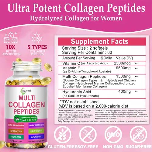 Miniatura 8 de Cápsulas blandas de péptidos de colágeno múltiples, péptidos de colágeno hidrolizados para mujeres y hombres con ácido hialurónico de vitamina C